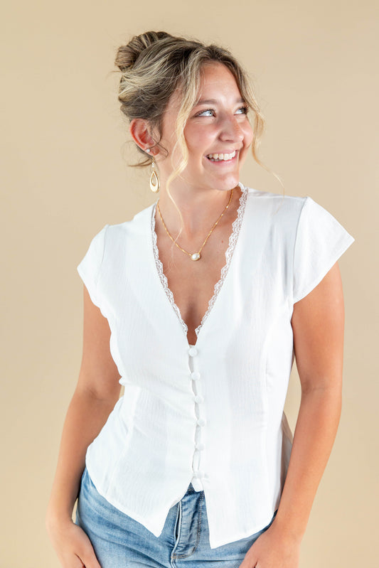 Delicate Detail Lace Trimmed V-Neck Blouse