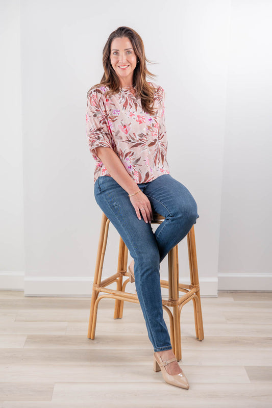 Market Days Watercolor Pink Floral Puff Sleeve Blouse