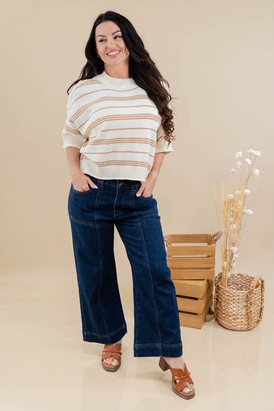 Golden Glow Caramel Striped Short Sleeve Cotton Sweater
