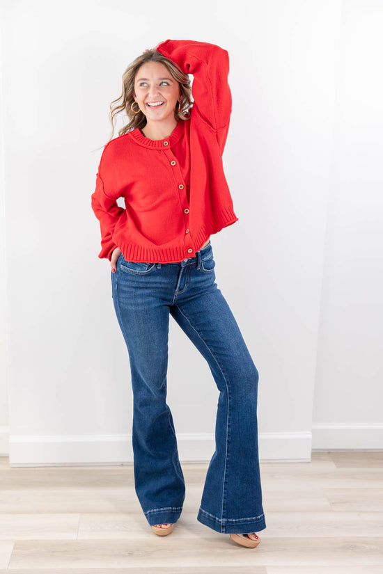 Indigo Icon Mid Rise Dark Wash Trouser Hem Flare Jeans