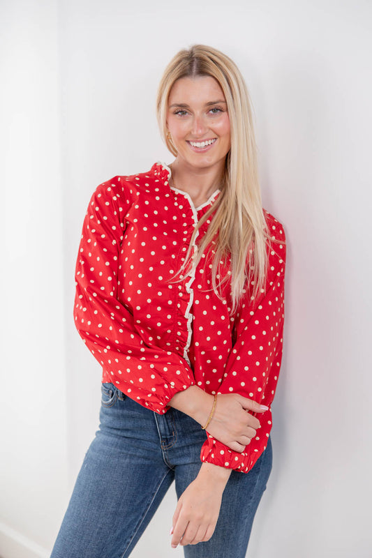 Forever Lovely Long Sleeve Polka Dot Ruffle Trim Cotton Blouse