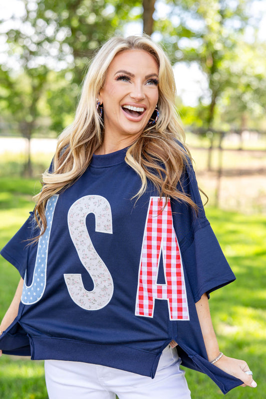 USA Oversized Patchwork Short Sleeve Top