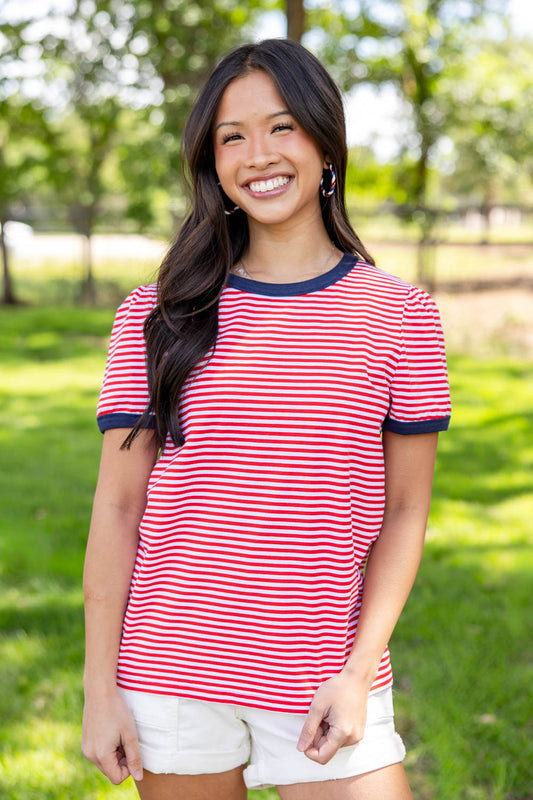 Simple Stitch Red Striped Contrast Trim Top