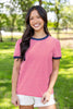 Simple Stitch Red Striped Contrast Trim Top