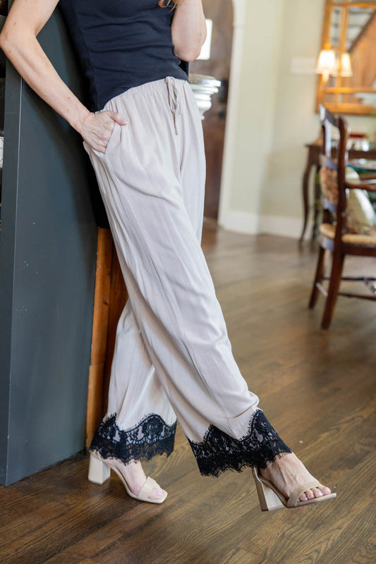 Timeless Romance Lace Trim Wide Leg Linen Blend Pants