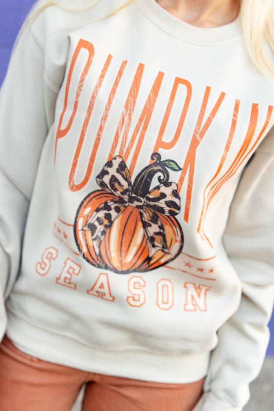 A close-up of a person wearing a cream-colored sweatshirt with a 'Pumpkin Season' graphic featuring an orange pumpkin with a leopard-print bow, paired with rust-colored pants.