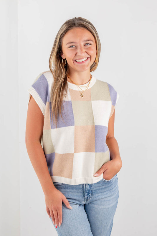 Off The Block Checkerboard Short Sleeve Sweater