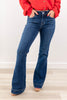 Indigo Icon Mid Rise Dark Wash Trouser Hem Flare Jeans