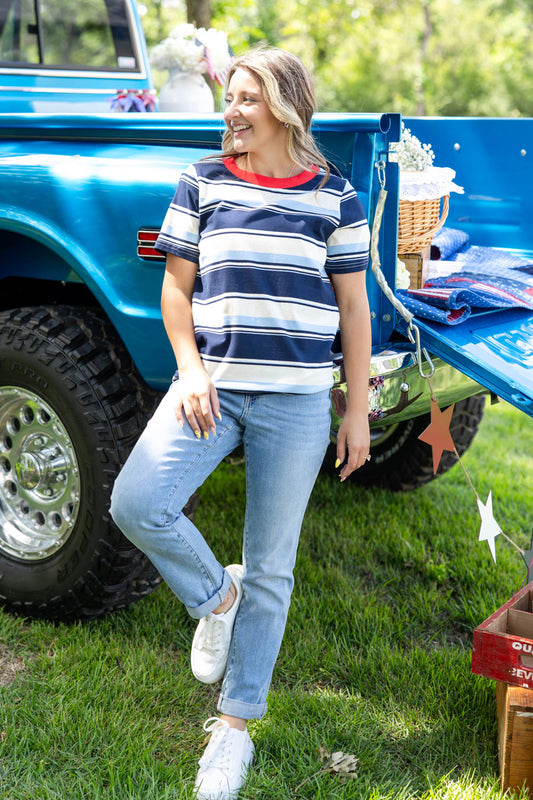 Blue Mood Striped Crew Neck Cotton Tee