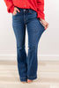 Indigo Icon Mid Rise Dark Wash Trouser Hem Flare Jeans