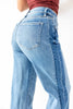 Split Decision Mid Rise Two Tone Contrast Wide Flare Jeans