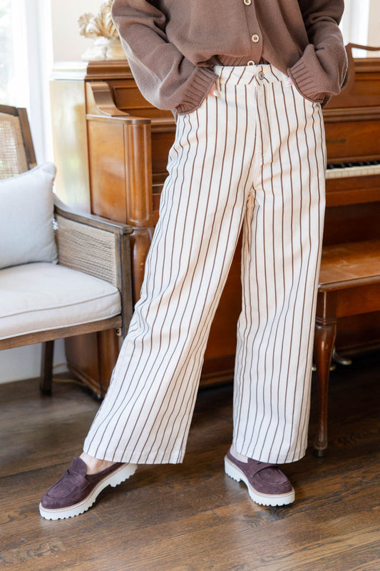 Line by Line Cream and Brown Striped Cotton Blend Pants