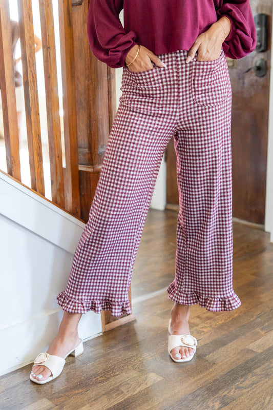 Ruffle Trouble Gingham Print Straight Leg Ruffle Hem Pants