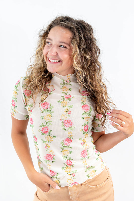 Forever in Bloom Pink & Yellow Roses Mesh Top