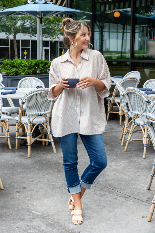 Classic Cutie Oversized Vertical Striped Short Sleeve Button Down Top