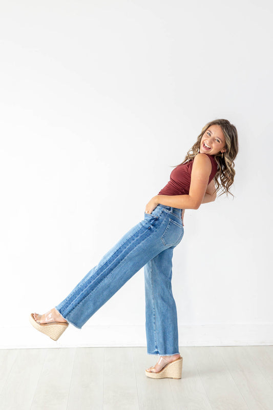 Split Decision Mid Rise Two Tone Contrast Wide Flare Jeans