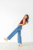 Split Decision Mid Rise Two Tone Contrast Wide Flare Jeans