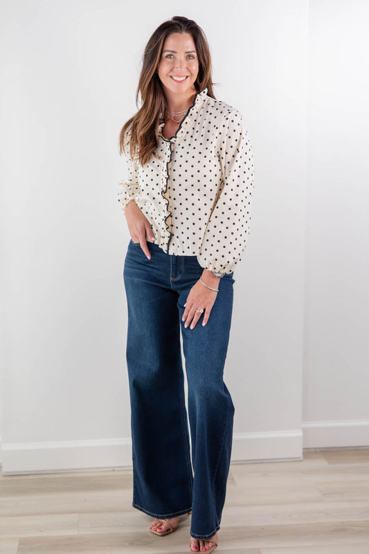 Forever Lovely Long Sleeve Polka Dot Ruffle Trim Cotton Blouse