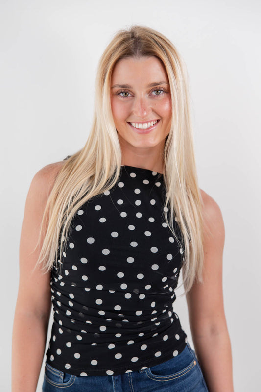 Trend Setting Boat Neck Polka Dot Fitted Sleeveless Top