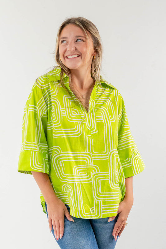 Endless Lines Lime Green Geometric Split Neck Cotton Blouse