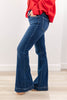 Indigo Icon Mid Rise Dark Wash Trouser Hem Flare Jeans