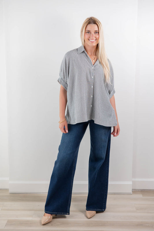 Classic Cutie Oversized Vertical Striped Short Sleeve Blouse