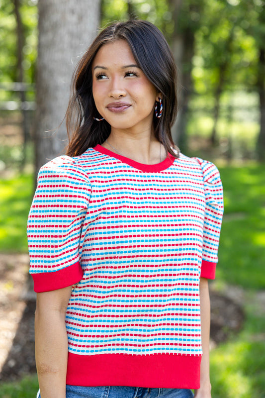 Chic Streak Red & Blue Striped Contrast Trim Puff Sleeve Top