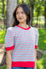 Chic Streak Red & Blue Striped Contrast Trim Puff Sleeve Top