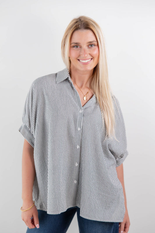 Classic Cutie Oversized Vertical Striped Short Sleeve Blouse