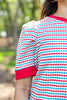 Chic Streak Red & Blue Striped Contrast Trim Puff Sleeve Top