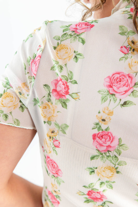Forever in Bloom Pink & Yellow Roses Mesh Top