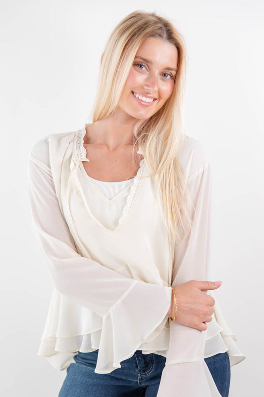 Sweet Ties Long Sleeve Tiered Ruffle Trim Sheer Blouse