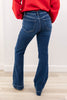 Indigo Icon Mid Rise Dark Wash Trouser Hem Flare Jeans