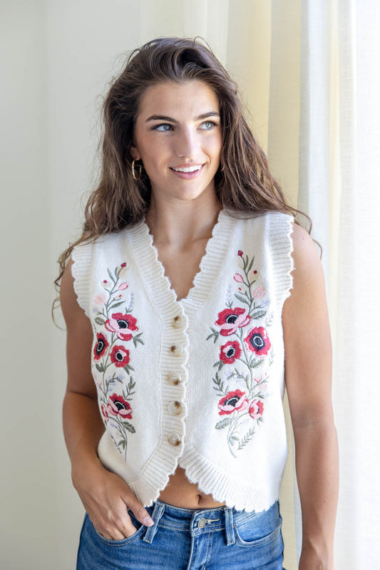 Fantasy Bloom Embroidered Floral Sleeveless Sweater Vest