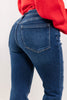 Indigo Icon Mid Rise Dark Wash Trouser Hem Flare Jeans