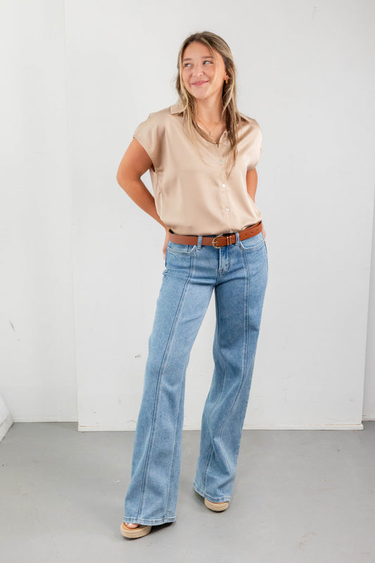 Clean Slate Vertical Seam Detail Wide Leg Jeans