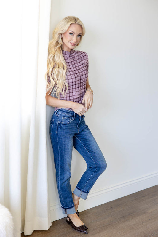 Check This Out Textured Mock Neck Checkered Top