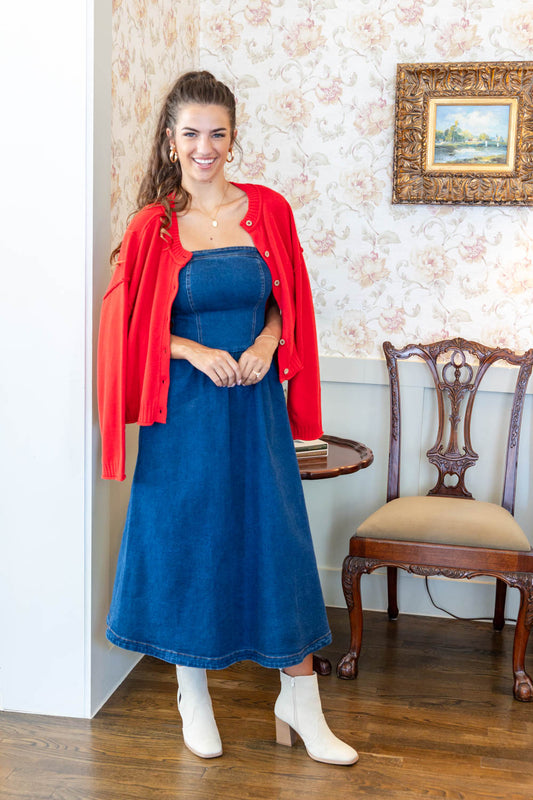 Indigo Breeze Smocked Strapless Denim Midi Dress