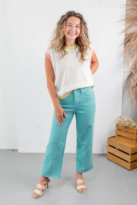 Pastel Pop Multi-Color Trim Cap Sleeve Knit Top