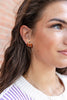 A close-up of a woman wearing a small orange pumpkin-shaped stud earring with a green stem and black outline details, set against a soft-focus brick wall background.