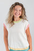 Pastel Pop Multi-Color Trim Cap Sleeve Knit Top