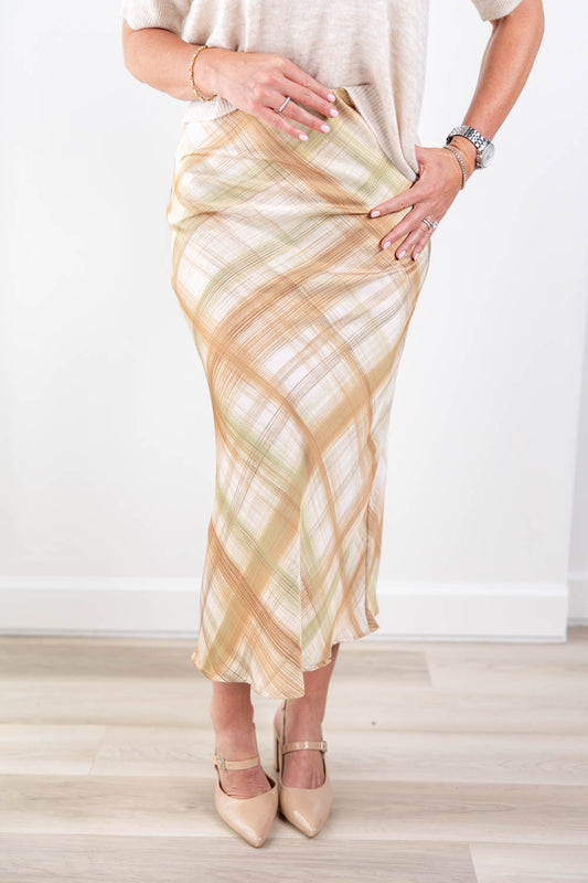 Catching Feelings Olive & Taupe Plaid Satin Midi Skirt
