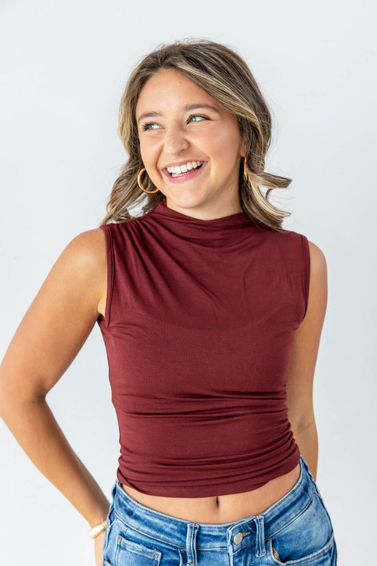 Wrapped In Ease Ruched Mock Neck Sleeveless Top