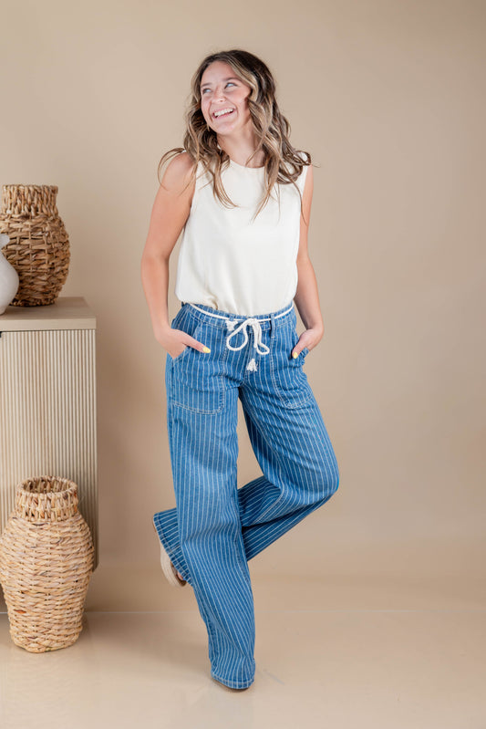 Off The Clock Drawstring Waist Striped Wide Leg Jeans