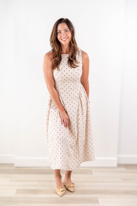 True Beauty Polka Dot Drop Waist A-Line Midi Dress