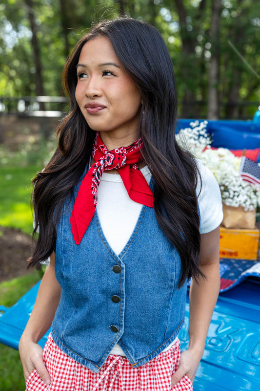 Saddle Up Sleeveless Button Front Cotton Denim Vest