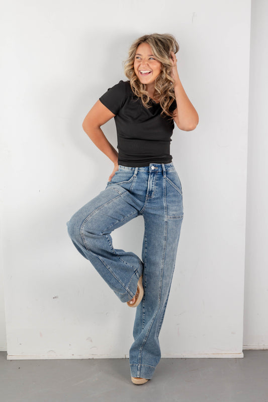 First Class Vintage Acid Wash Front Seam Trouser Hem Jeans