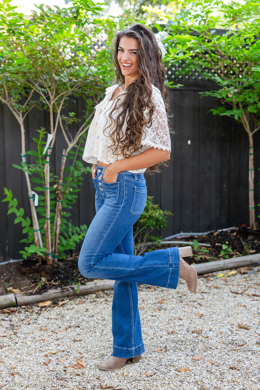 Dream Catcher Mid Rise Trouser Hem Flare Jeans
