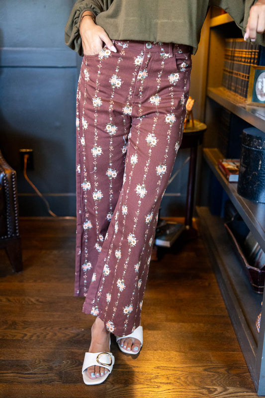 Mocha Meadow Floral Print Wide Leg Cotton Blend Pants