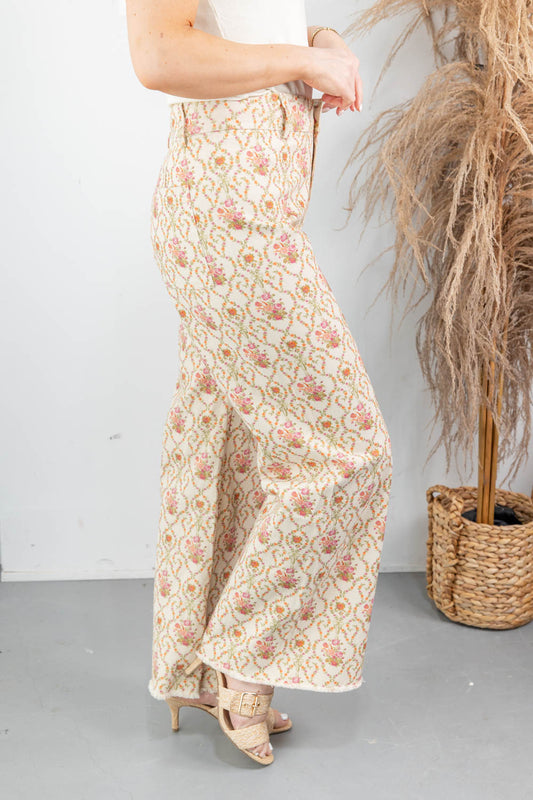 Rosebud Romance Jacquard Rose Garden Print Wide Leg Pants